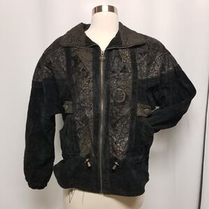 Vintage 90s y2k Winlit Black‎ Suede Leather Southwestern Native Bomber Jacket Sm